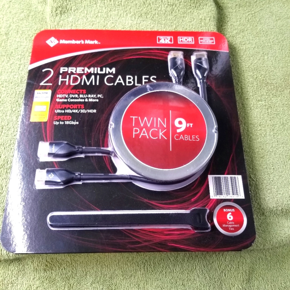 Member's Mark New 2 Premium HDMI Cables Twin Pack 9 foot cables & 6 Ties